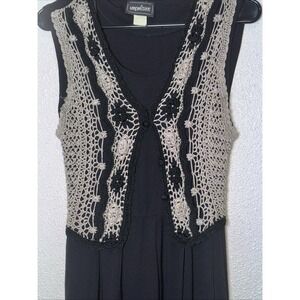 Impulsive-Vintage Black Midi Dress, Pleated W/Crotchet Vest Attach 80's Size 8